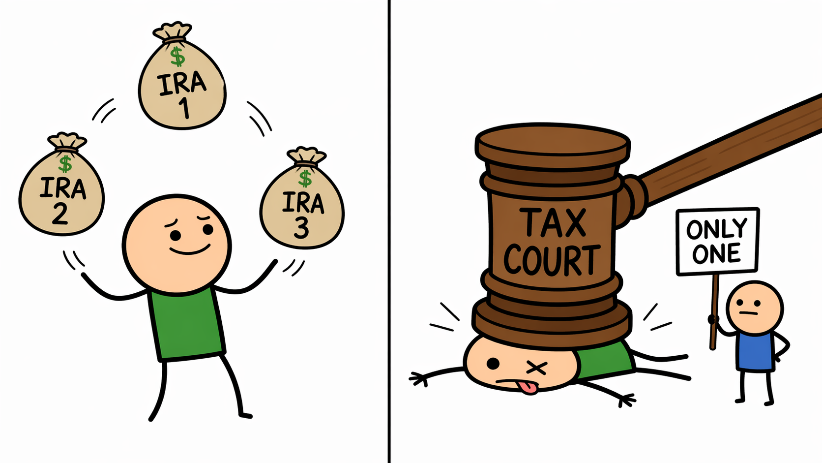 Cartoon showing a taxpayer relaxing in April after filing, then an IRS AUR matching notice appearing in September flagging a 1099-R and 5498 mismatch.
