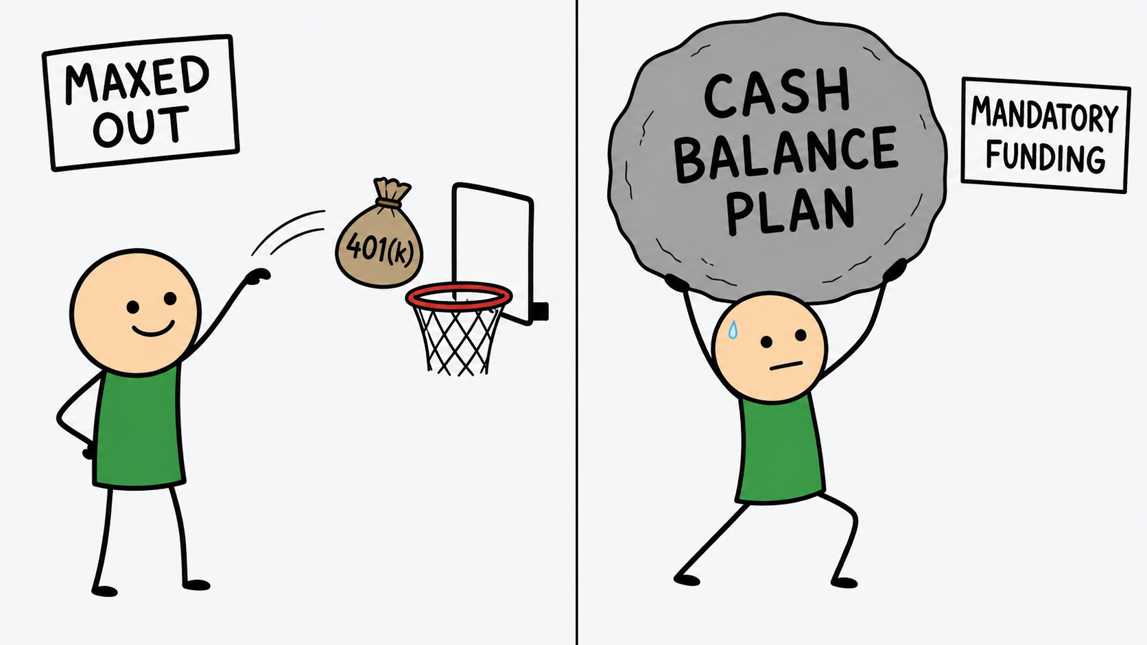 A business owner easily dunking a 401(k) bag into a hoop labeled Maxed Out, contrasted with the same owner struggling to hold up a heavy Cash Balance Plan rock with a Mandatory Funding sign nearby.